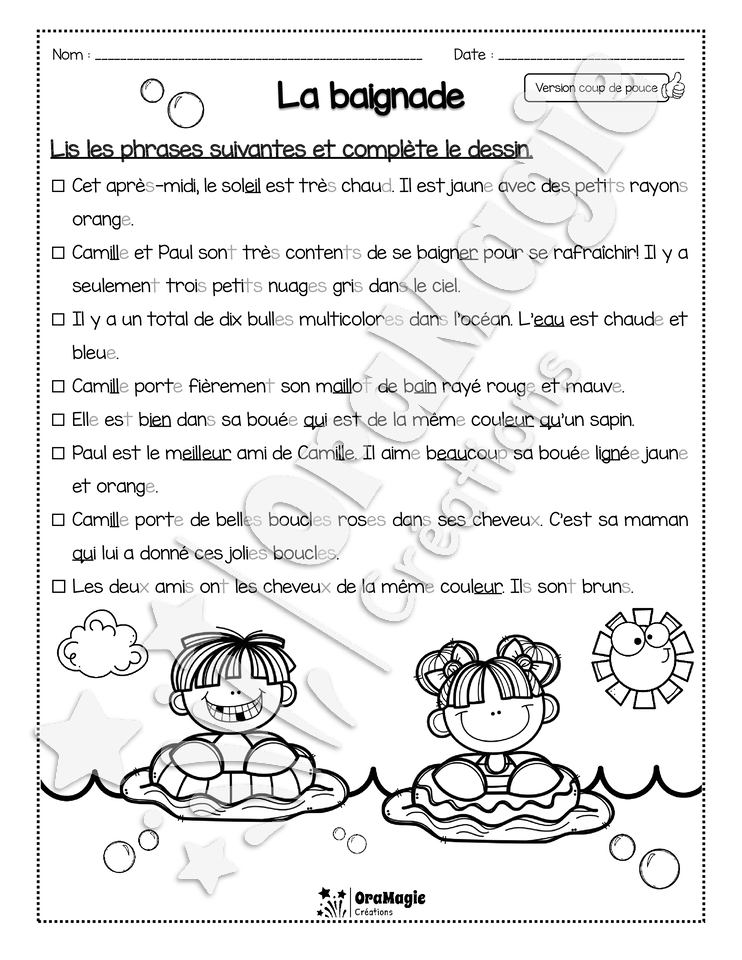 Compréhension de lecture - Lis et colorie - La baignade