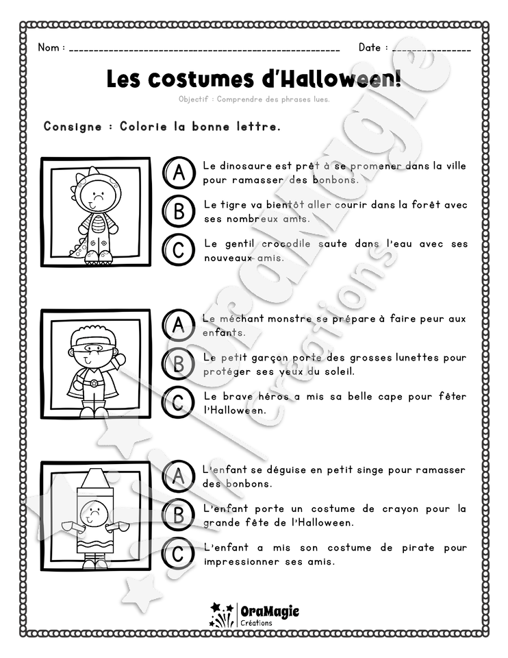 Compréhension de lecture - Trouve la bonne phrase - Les costumes d'Halloween - 2e année - 3$.pdf
