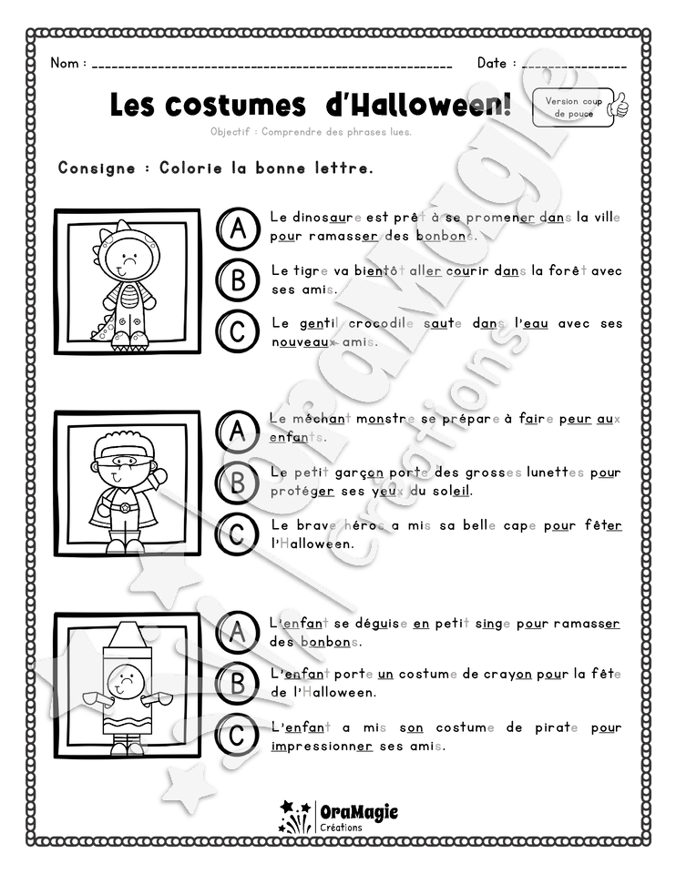 Compréhension de lecture - Trouve la bonne phrase - Les costumes d'Halloween - 2e année