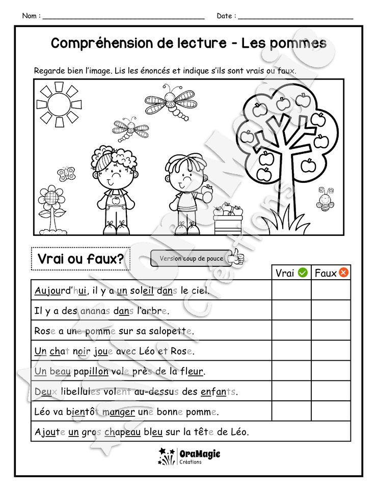 Compréhension de lecture - VRAI OU FAUX - Les pommes