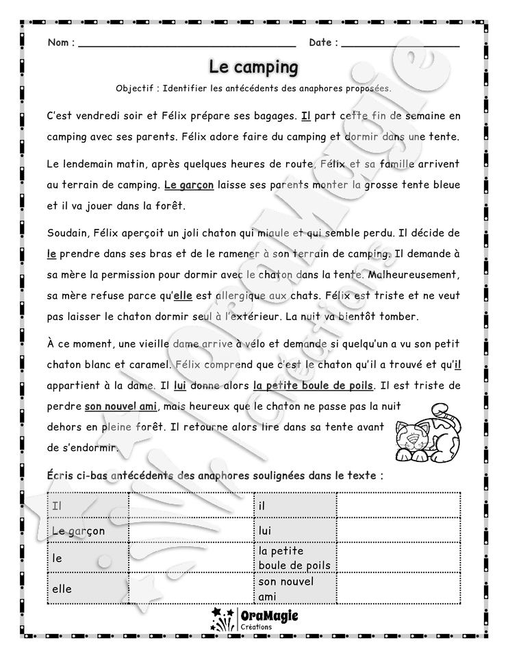 Anaphores en textes - 6 textes - Identifier les antécédents