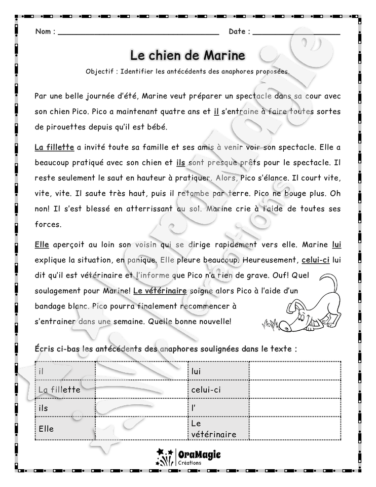 Anaphores en textes - 6 textes - Identifier les antécédents