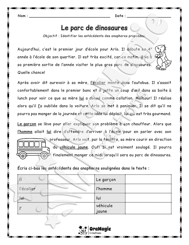 Anaphores en textes - 6 textes - Identifier les antécédents