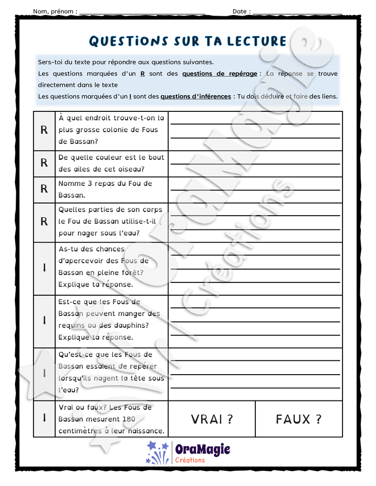 Compréhension de texte - Le Fou de Bassan