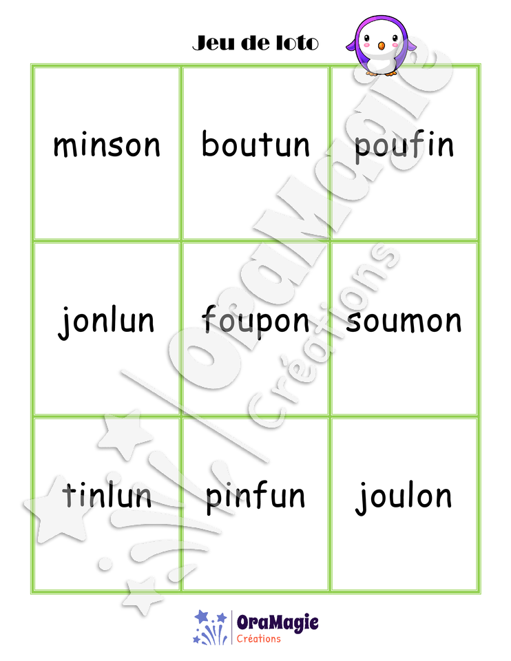 Confusions OU-ON-IN-UN - Niveau 3 - Jeu de loto
