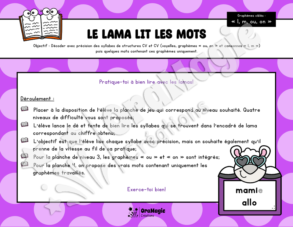 Le lama lit des mots - Décodage syllabes simples CV et VC - 1re année et langage écrit - voyelles, l, m, ou, on.pdf