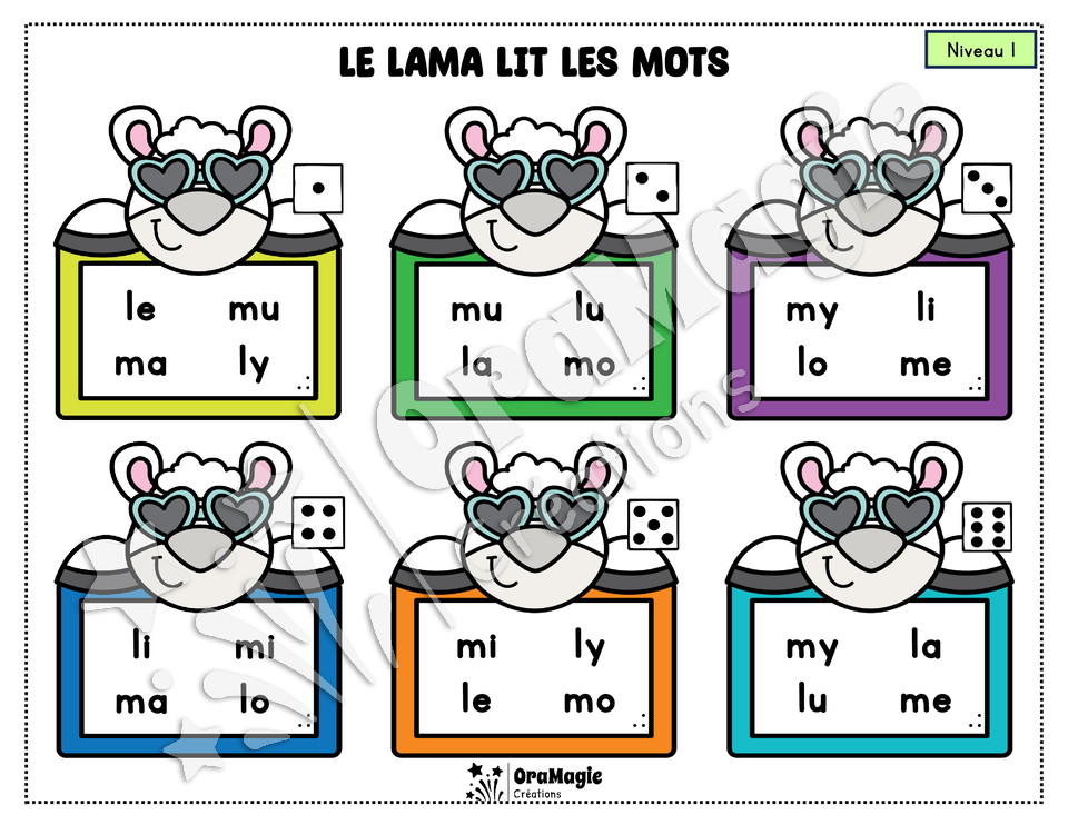 Le lama lit des mots - Décodage syllabes simples CV et VC - voyelles, l, m, ou, on