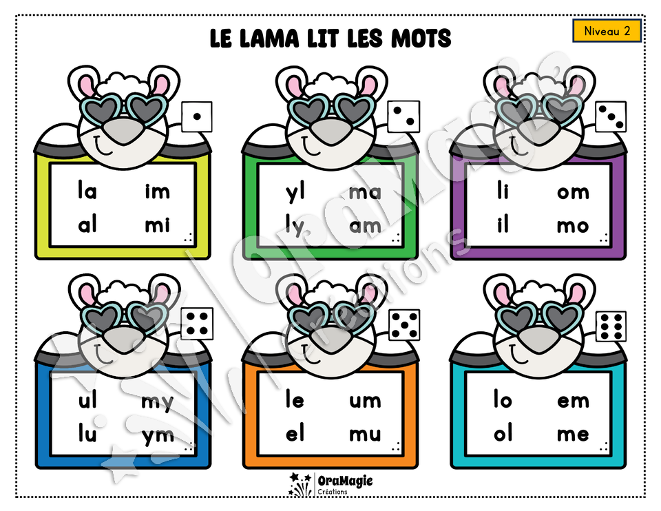 Le lama lit des mots - Décodage syllabes simples CV et VC - voyelles, l, m, ou, on