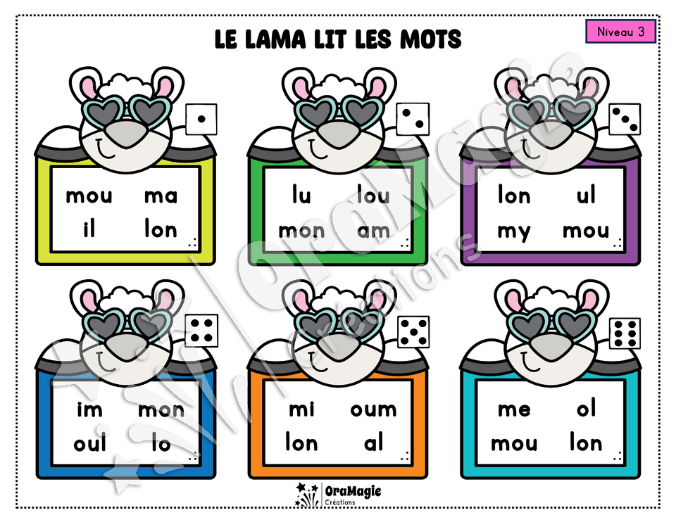 Le lama lit des mots - Décodage syllabes simples CV et VC - voyelles, l, m, ou, on