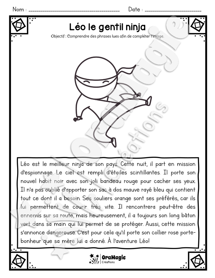 Compréhension de lecture - Lis et colorie - Léo le gentil ninja - 2e année.pdf