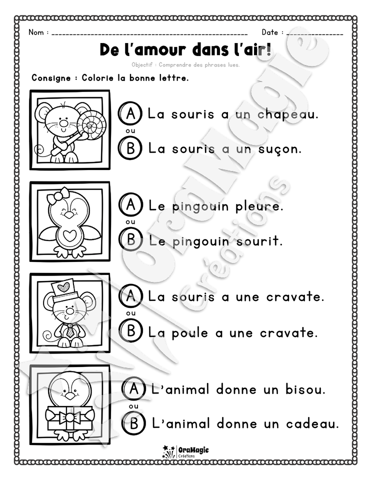 Compréhension de lecture - Trouve la bonne phrase - De l'amour dans l'air! - 1re année.pdf