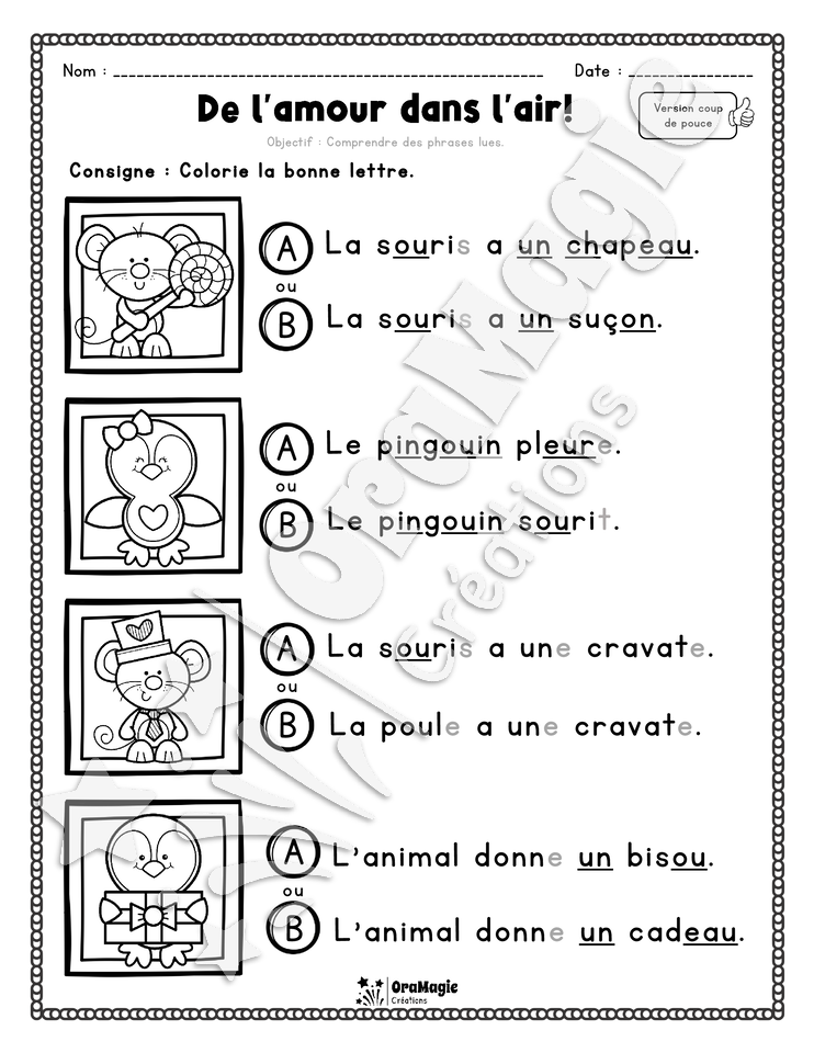 Compréhension de lecture - Trouve la bonne phrase - De l'amour dans l'air - 1re année