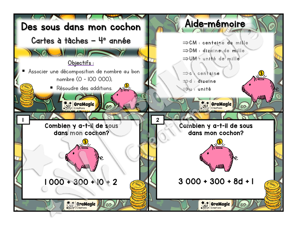 Cartes à tâches - Des sous dans mon cochon - Décomposition de nombres - 4e année - 6$.pdf