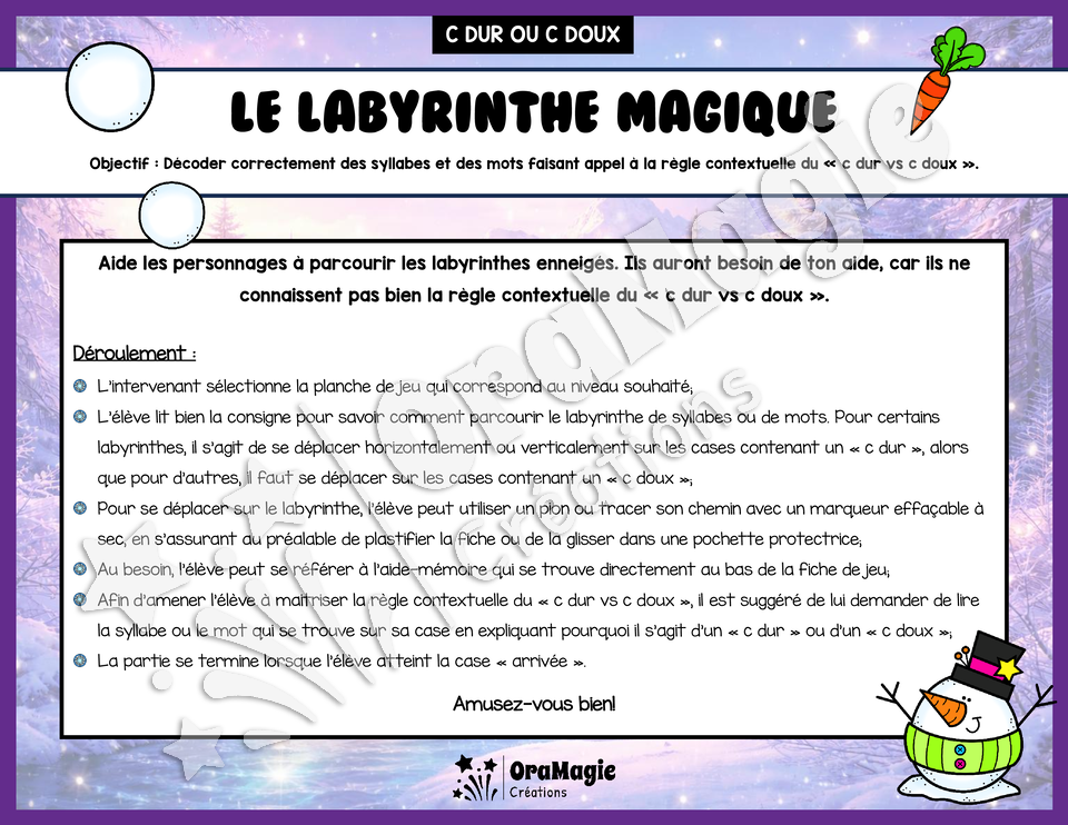 Le labyrinthe magique du c dur vs c doux - Thème Hiver - 1re à 4e année - Langage écrit.pdf
