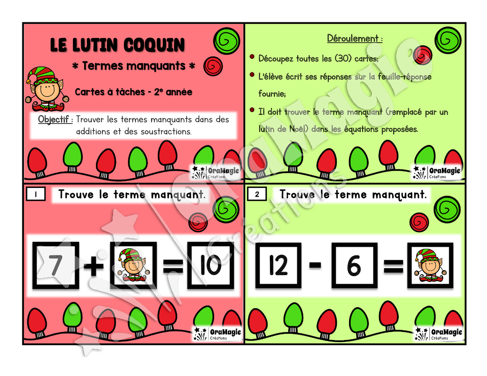 Cartes à tâches - Noël - Le lutin coquin - Terme manquant - 2e année - Mathématiques.pdf