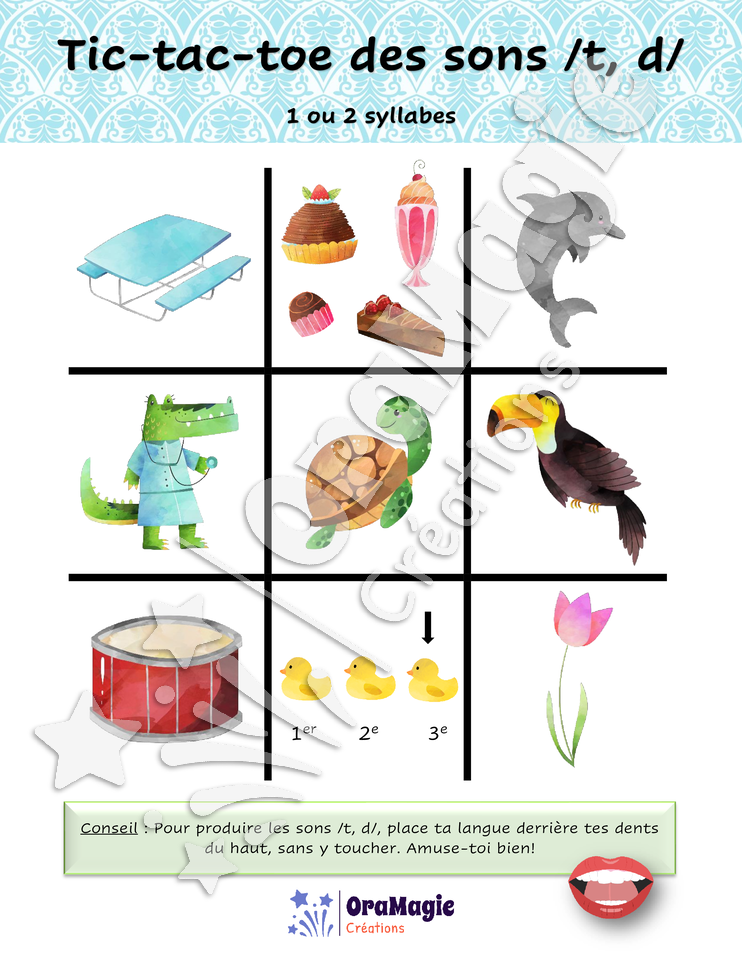 Tic-tac-toe des sons -t-d- position initiale