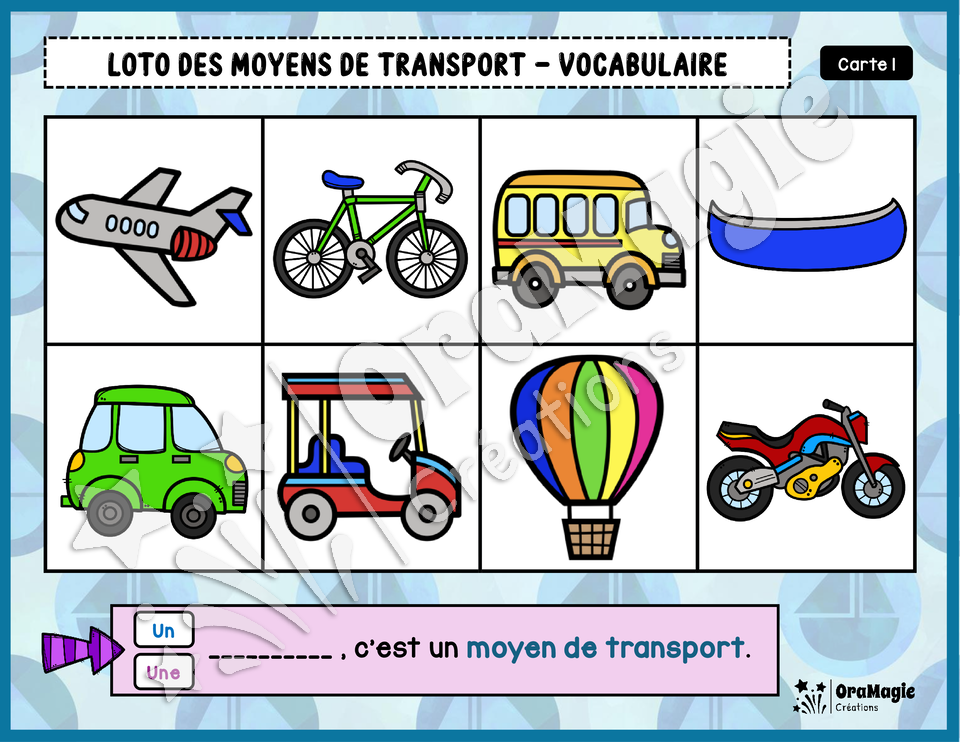 Loto des moyens de transport - Vocabulaire