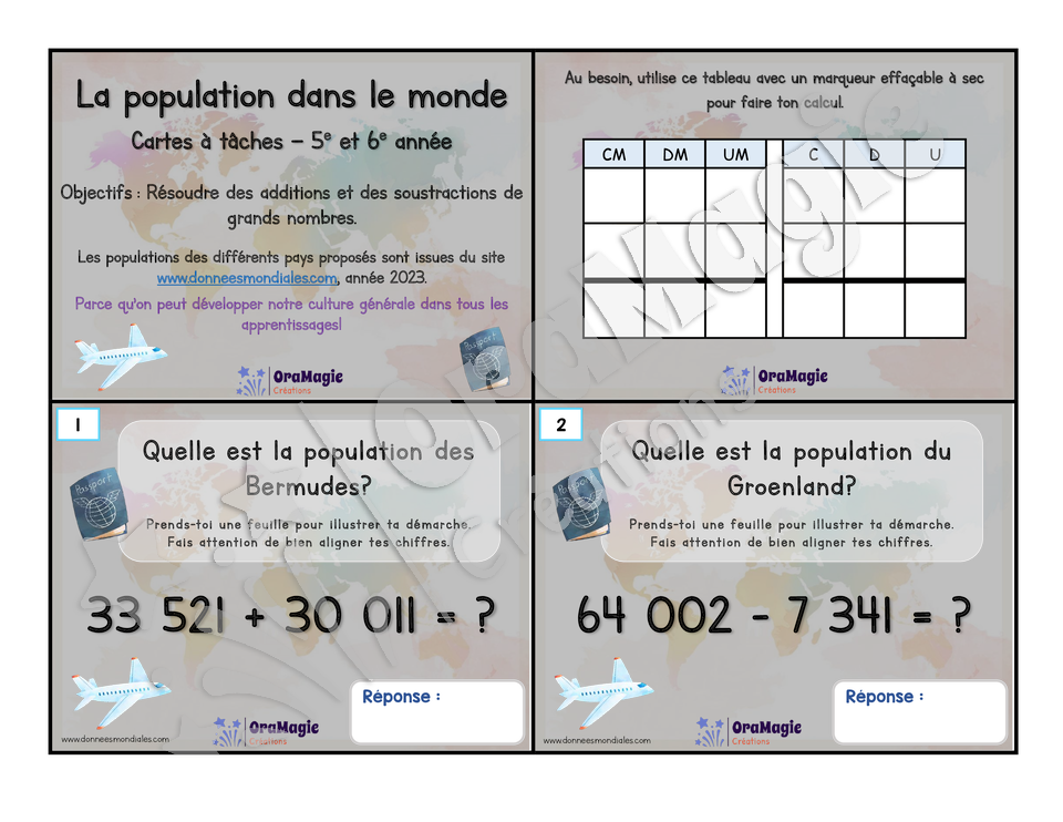 Cartes à tâches - La population dans le monde - Additions et soustractions grands nombres - 5$ - 5e et 6e année.pdf