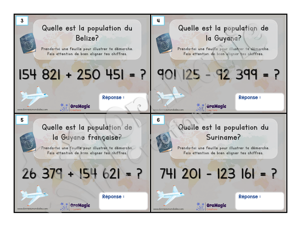 Cartes à tâches - La population dans le monde - Additions et soustractions grands nombres