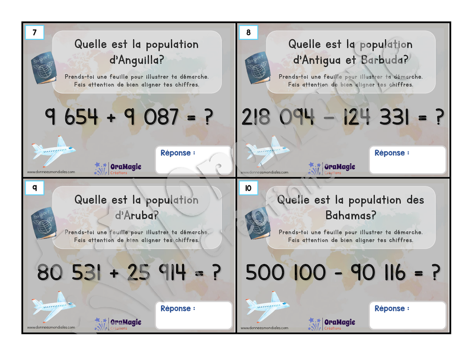 Cartes à tâches - La population dans le monde - Additions et soustractions grands nombres