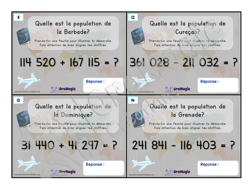 Cartes à tâches - La population dans le monde - Additions et soustractions grands nombres