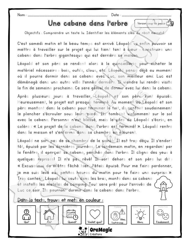Compréhension de lecture et du récit - Une cabane dans l'arbre