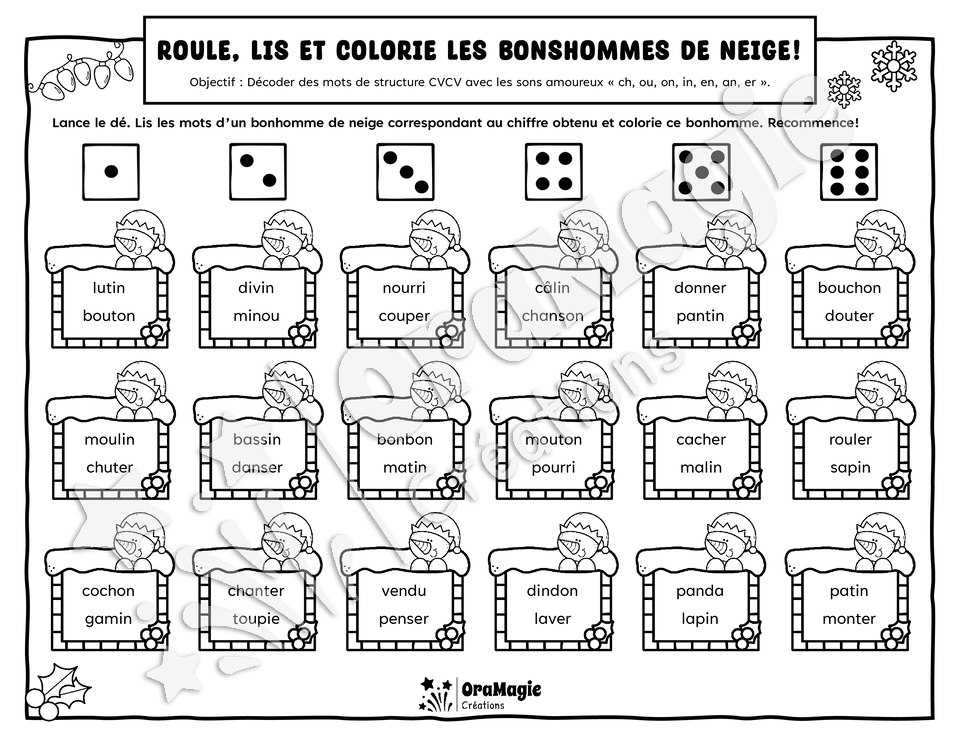 Roule, lis et colorie les bonshommes de neige - Décodage mots CVCV avec sons amoureux -ch, ou, on, in, en, an, er- Noël, 1re année, langage écrit.pdf