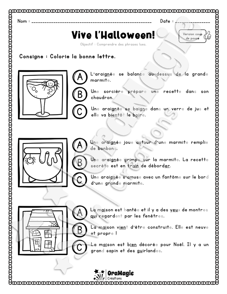 Compréhension de lecture - Trouve la bonne phrase - Vive l'Halloween - 2e année