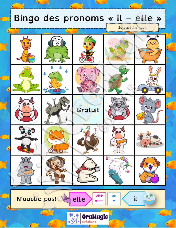 Bingo des pronoms il-elle - sujets animaux