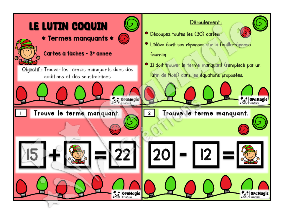 Cartes à tâches - Noël - Le lutin coquin - Terme manquant - 3e année - Mathématiques.pdf