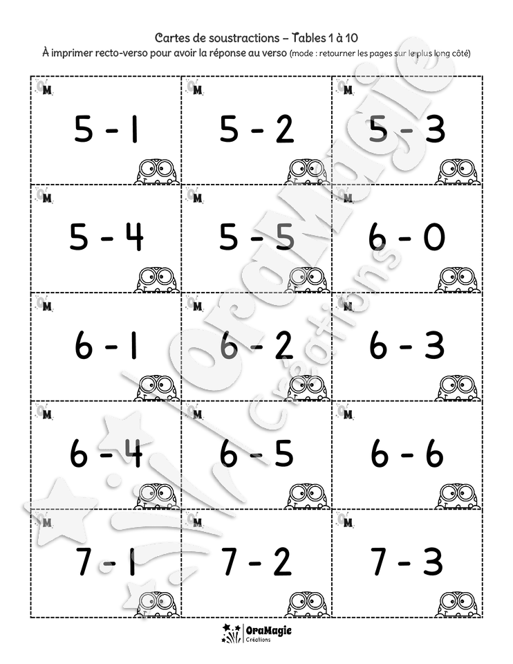 Cartes de soustractions avec réponse au verso - Tables 1 à 10