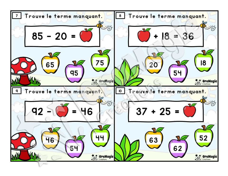 Cartes à tâches - Pommes manquantes - Additions et soustractions