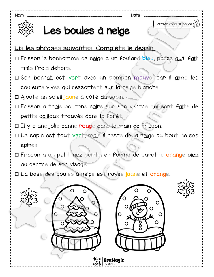 Compréhension de lecture - Lis et colorie - Les boules à neige - 2e année