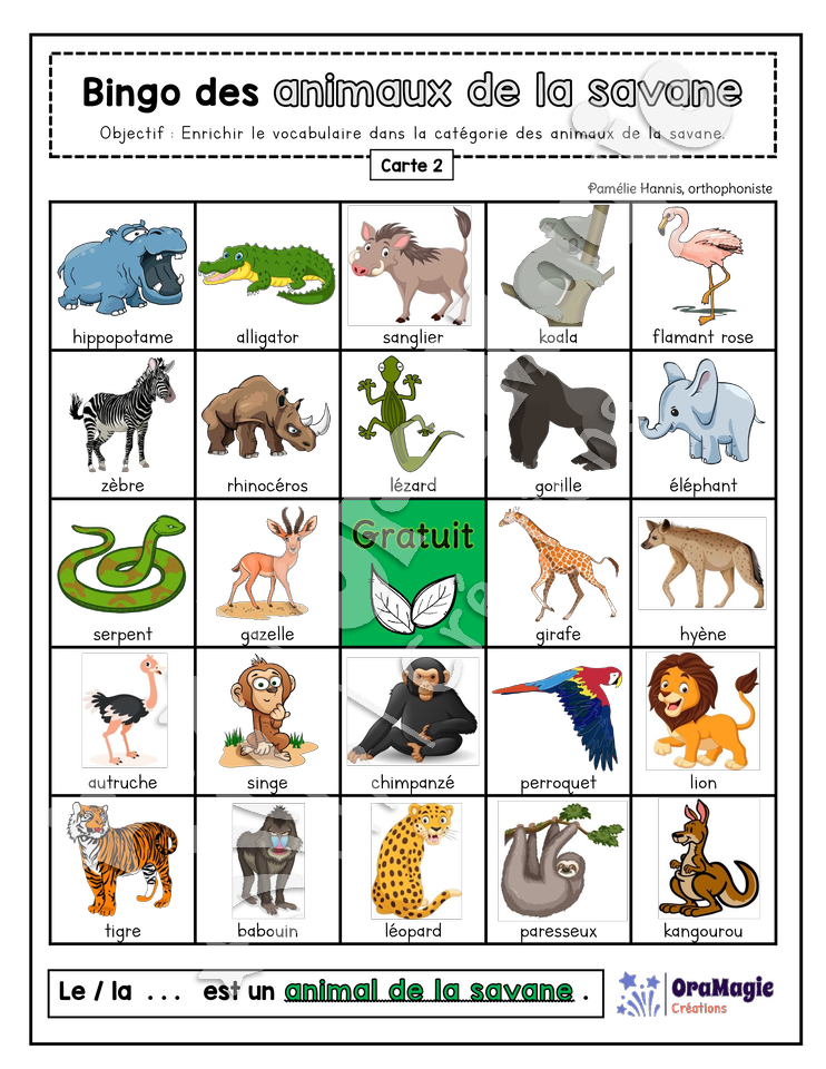 Bingo des animaux de la savane - 3 cartes