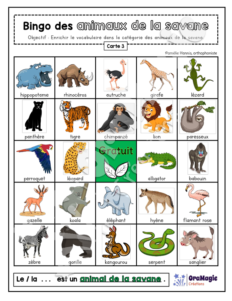 Bingo des animaux de la savane - 3 cartes
