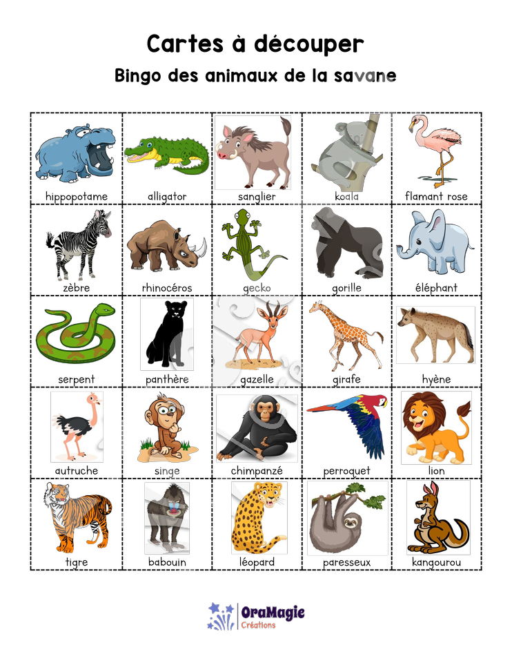 Bingo des animaux de la savane - 3 cartes