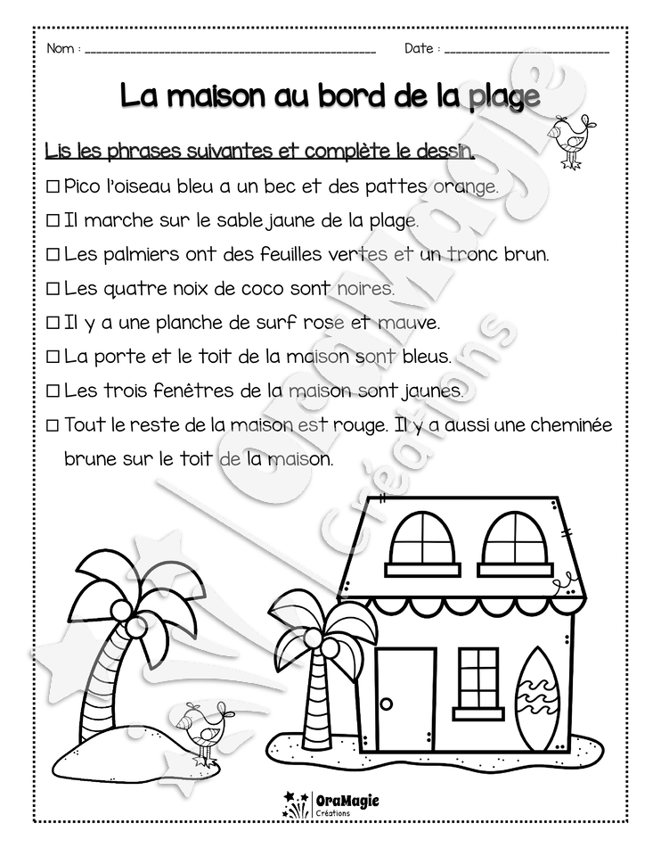 Compréhension de lecture - Lis et colorie - La maison au bord de la plage - 1re année - 2$.pdf