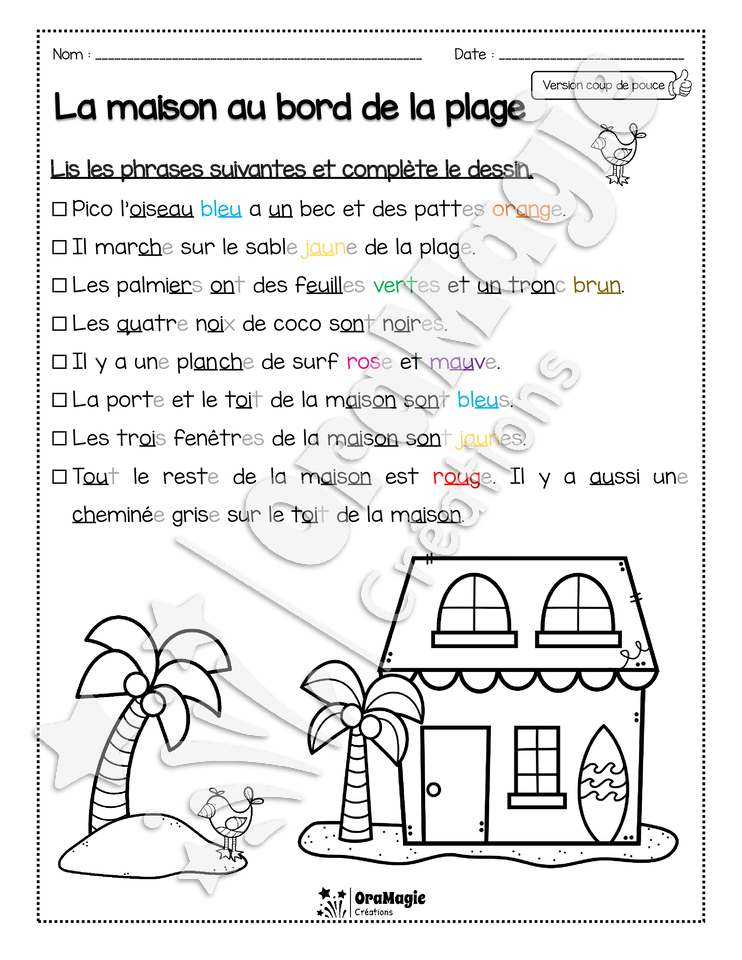 Compréhension de lecture - Lis et colorie - La maison au bord de la plage
