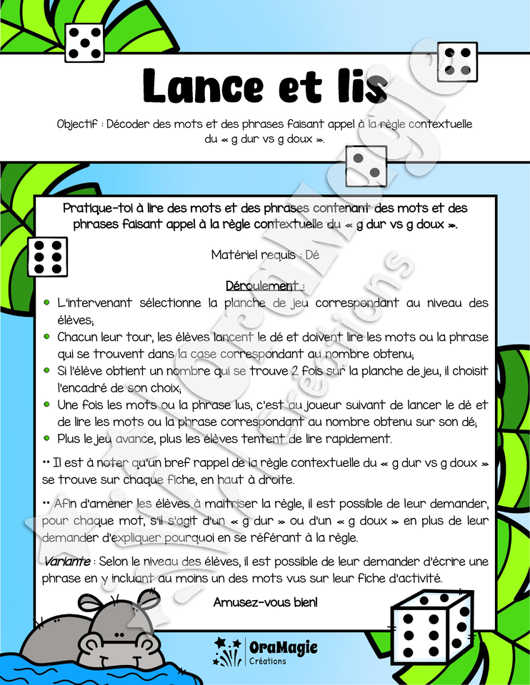 Lance et lis - Décodage de mot et de phrases - Thème jungle - Règle contextuelle du g dur vs g doux - Langage écrit.pdf
