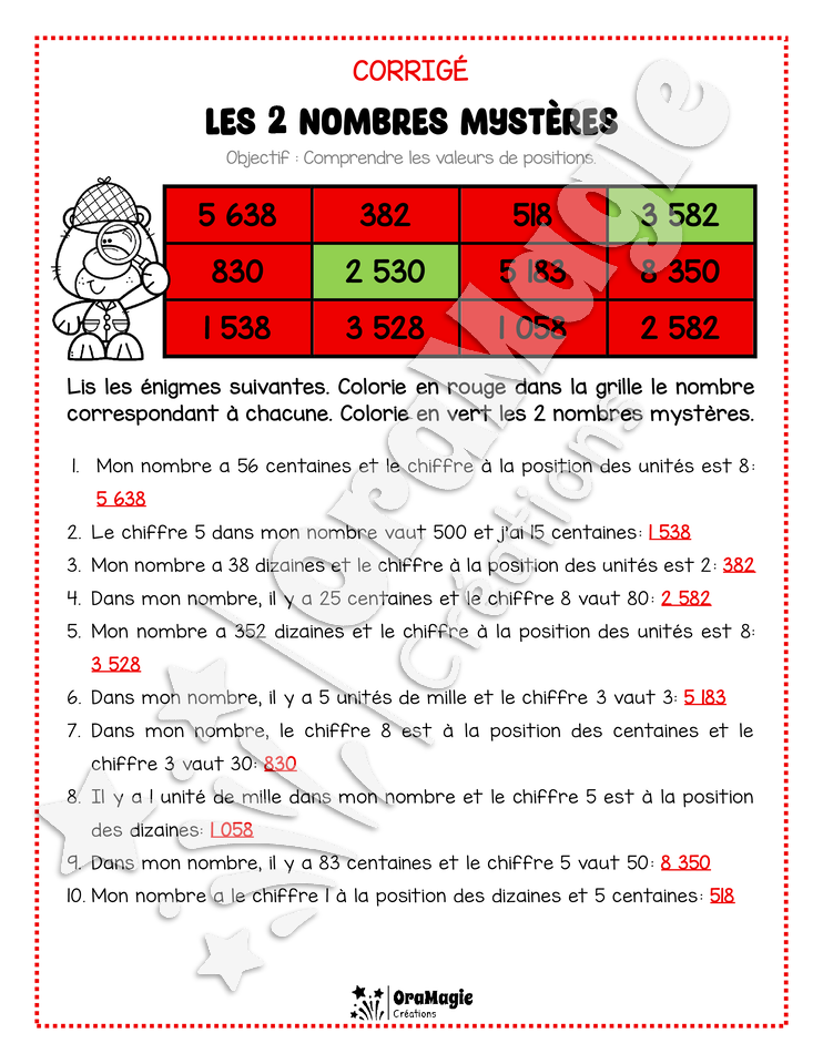 Les 2 nombres mystères - Le détective - Valeurs de positions