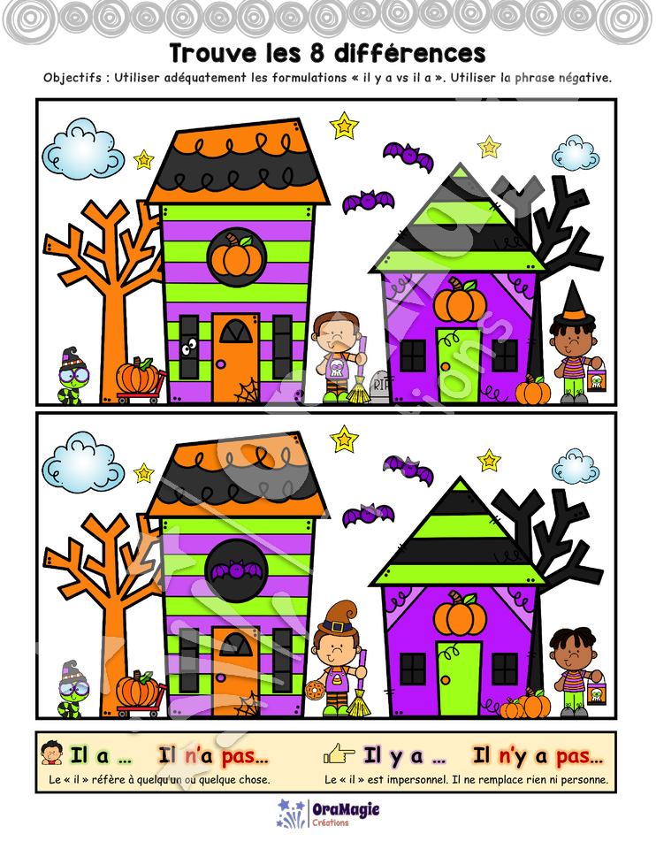 Trouve les 8 différences - Halloween - Il a vs il y a et phrase négative - 3$.pdf
