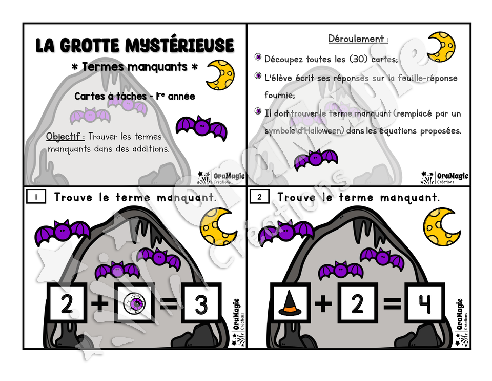 Cartes à tâches - Halloween - La grotte mystérieuse - Terme manquant - 1re année - Mathématiques - 6$.pdf