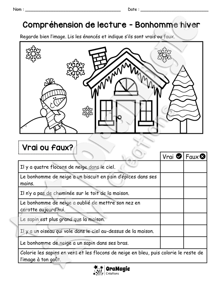 Compréhension de lecture - VRAI OU FAUX - Bonhomme hiver - 1ère année - 3$.pdf