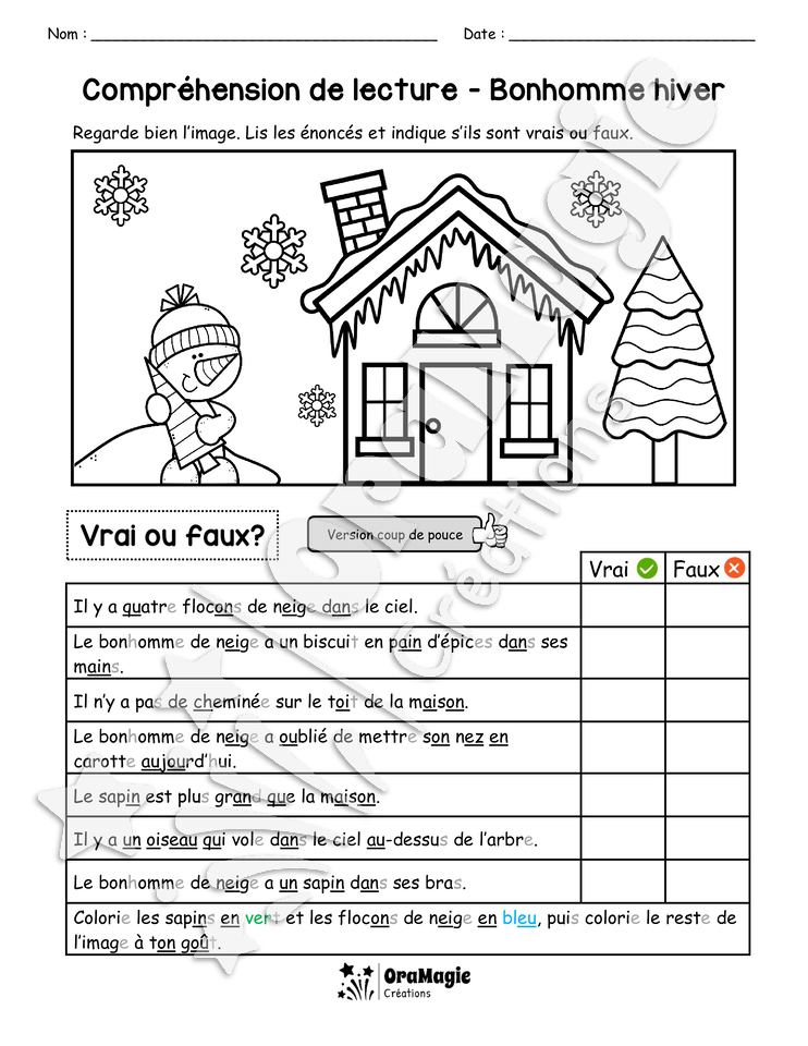 Compréhension de lecture - VRAI OU FAUX - Bonhomme hiver
