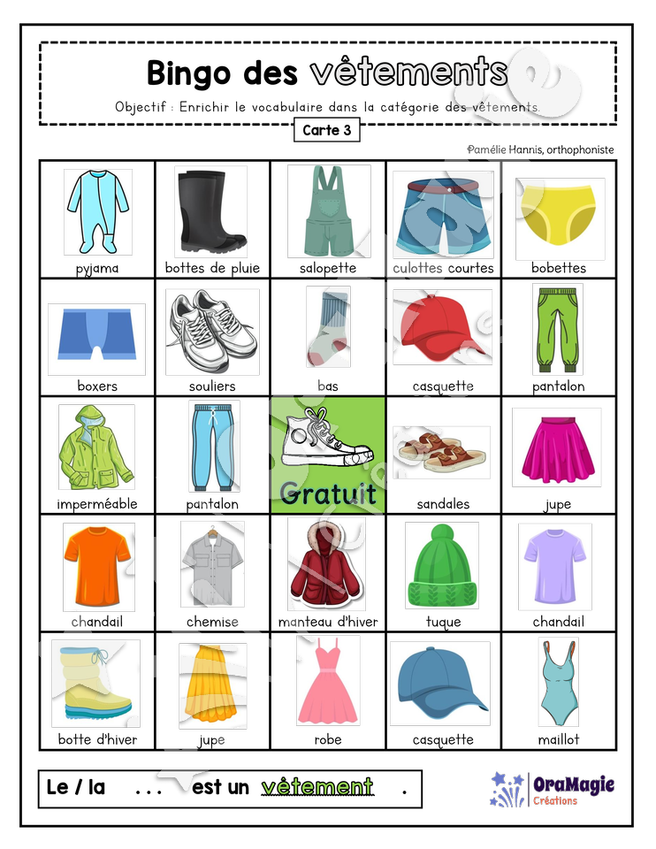 Bingo des vêtements - 3 cartes