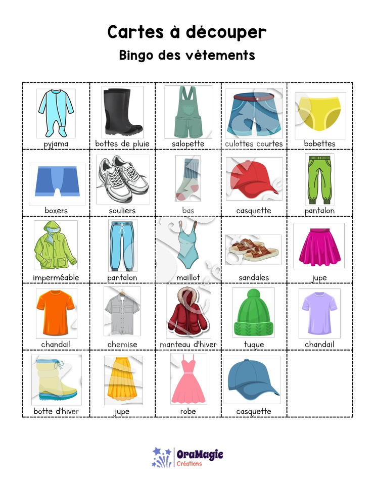 Bingo des vêtements - 3 cartes