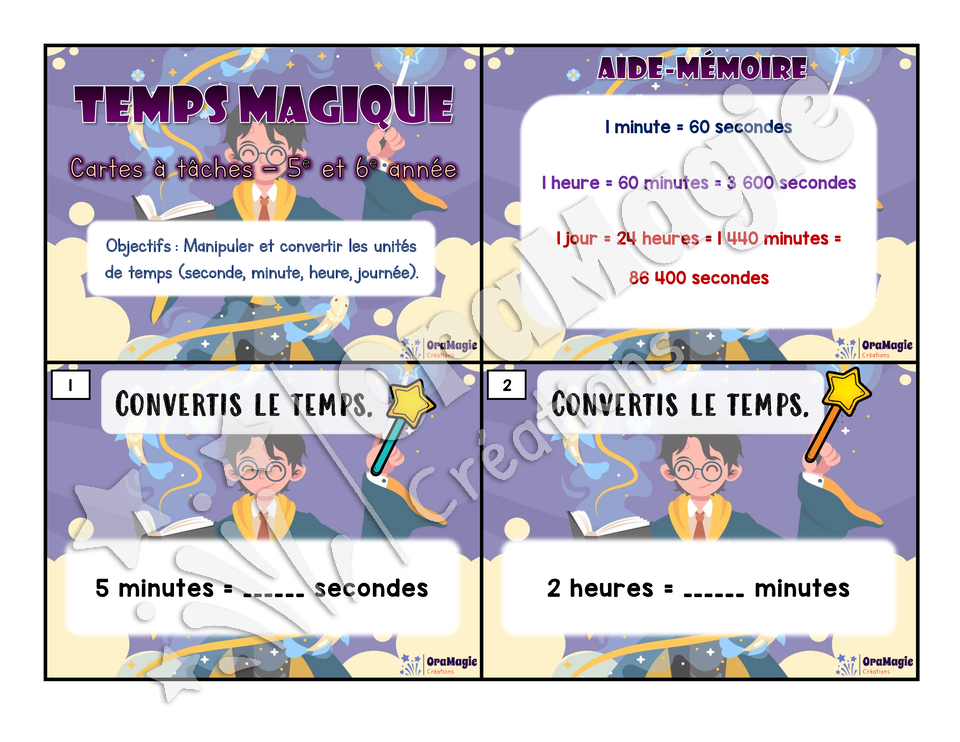 Cartes à tâches - Temps magique - Conversions des unités de temps - 3e cycle - 5$.pdf