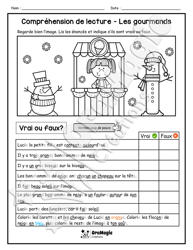 Compréhension de lecture - VRAI OU FAUX - Les gourmands