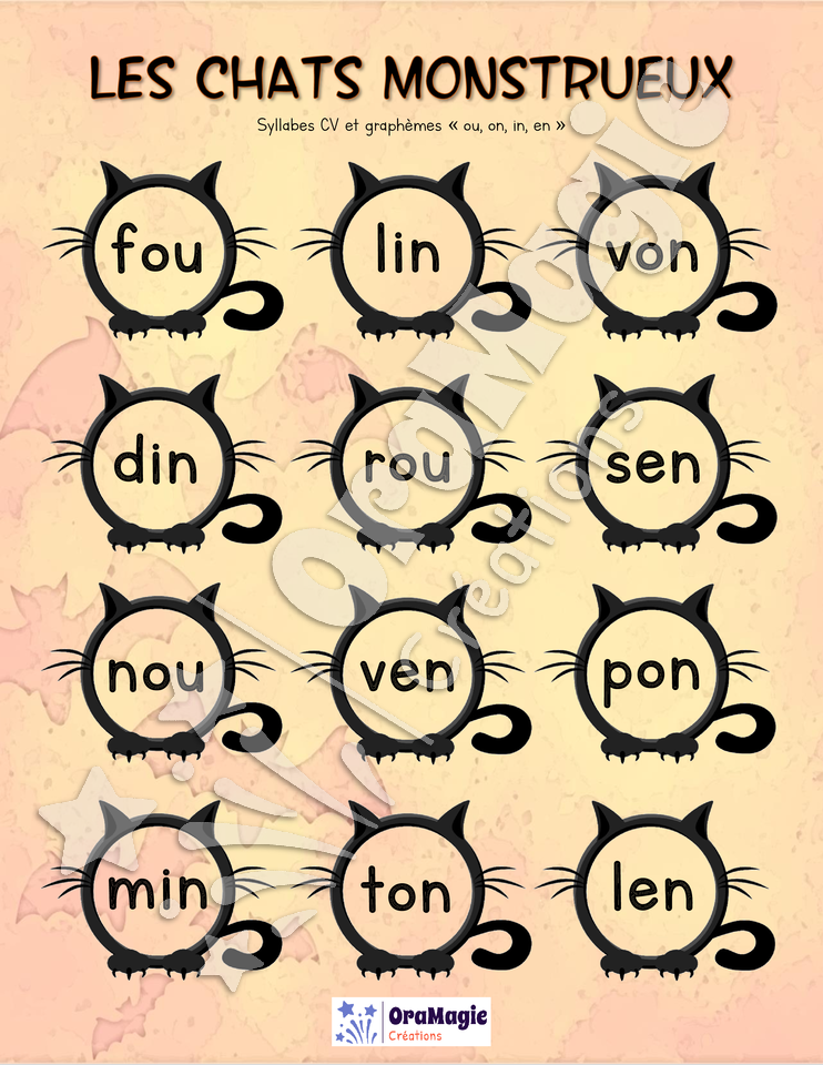 Les chats monstrueux - Décodage syllabes CV-CCV-CVC