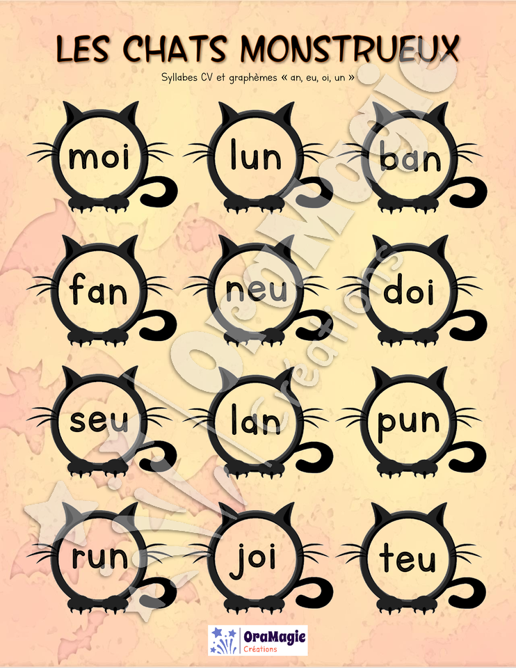 Les chats monstrueux - Décodage syllabes CV-CCV-CVC